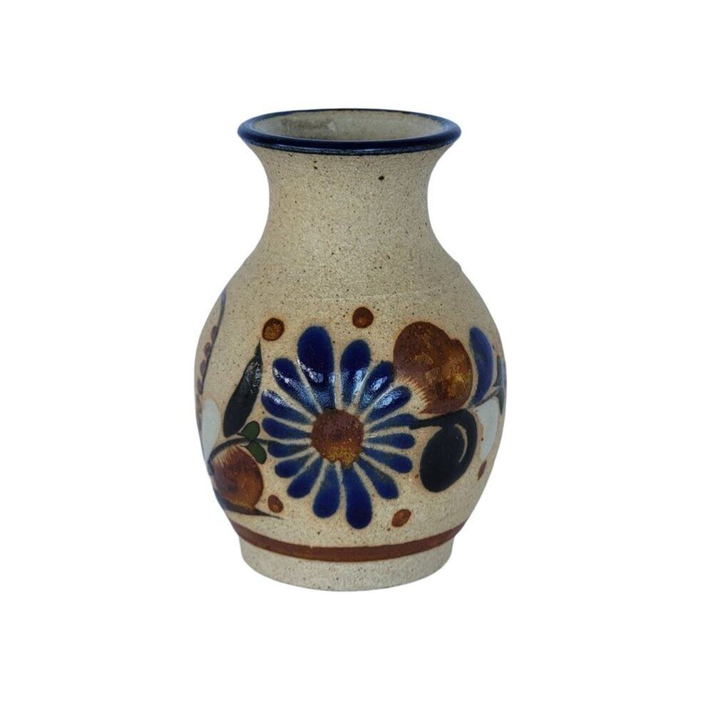 Mexican Tonala Pottery Hand Painted Vase Small Floral Folk Art Blue Cream Mexico